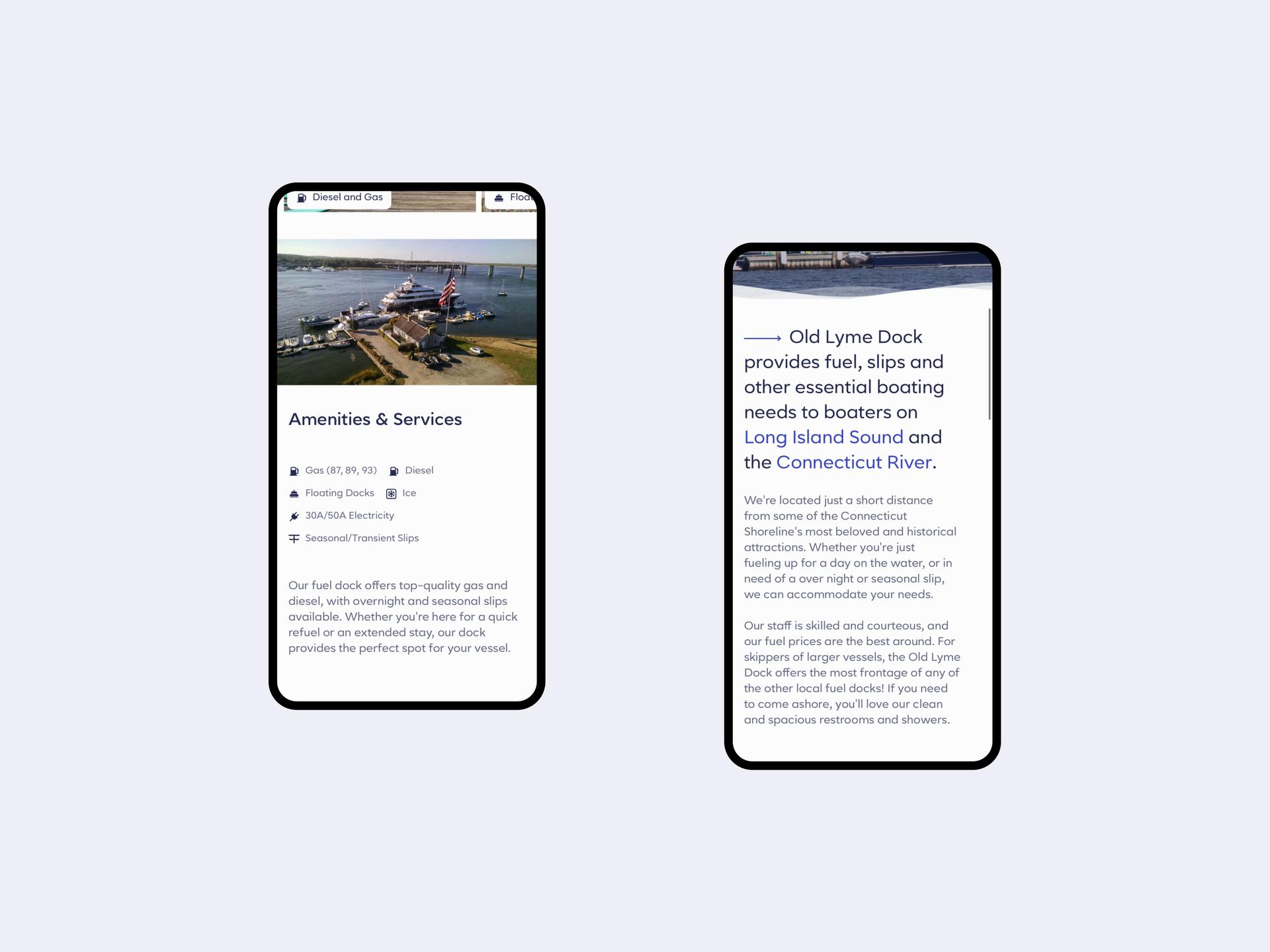 Laptop mockup including some page sections of the Old Lyme Dock Marine fuel website.